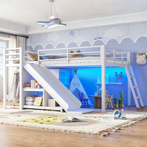 English Elm Full Low Loft Bed with Storage Stairs Fabric Drawers Shelves and Built-In Lights White W5305S00300