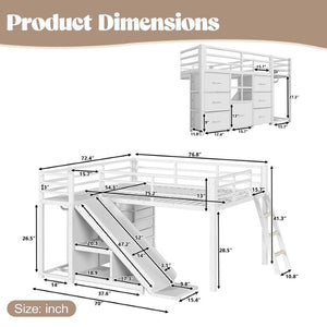 English Elm Full Low Loft Bed with Storage Stairs Fabric Drawers Shelves and Built-In Lights White W5305S00300