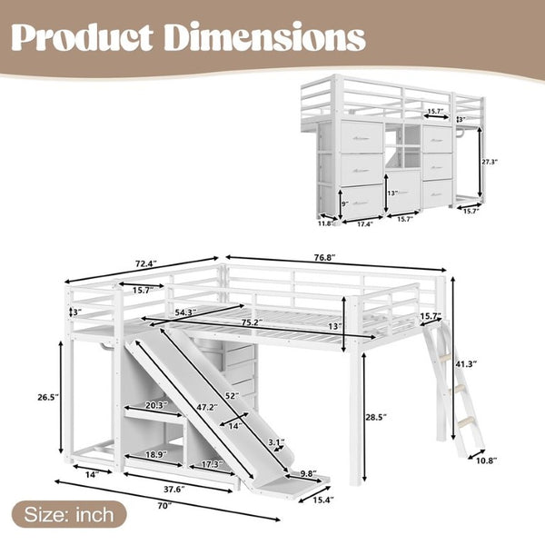 English Elm Full Low Loft Bed with Storage Stairs Fabric Drawers Shelves and Built-In Lights White W5305S00300