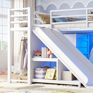 English Elm Full Low Loft Bed with Storage Stairs Fabric Drawers Shelves and Built-In Lights White W5305S00300