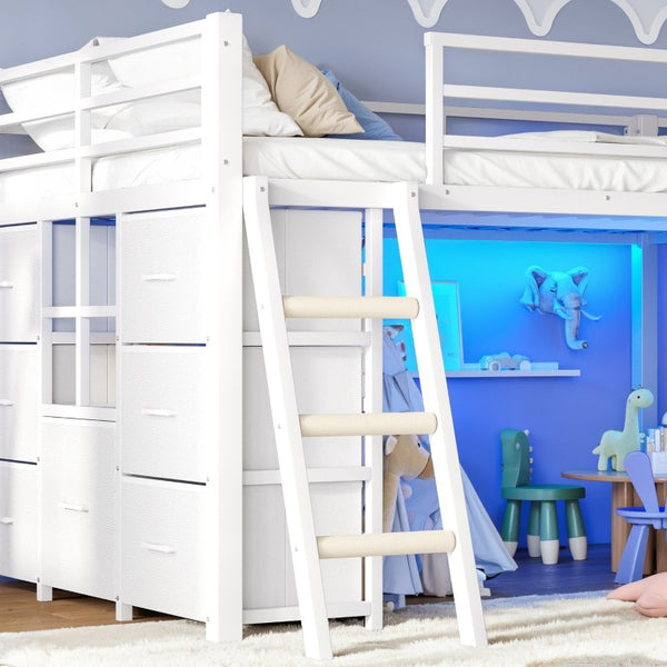 English Elm Full Low Loft Bed with Storage Stairs Fabric Drawers Shelves and Built-In Lights White W5305S00300