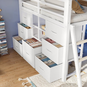 English Elm Full Low Loft Bed with Storage Stairs Fabric Drawers Shelves and Built-In Lights White W5305S00300