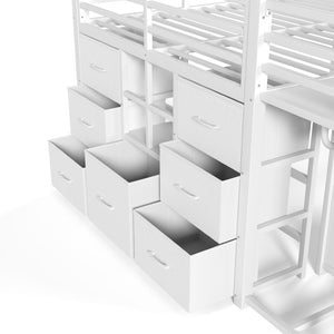 English Elm Full Low Loft Bed with Storage Stairs Fabric Drawers Shelves and Built-In Lights White W5305S00300