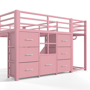 English Elm Full Size Metal Loft Bed with Slide Ladder Storage Drawers and Hanging Zone for Kids W5305S00301
