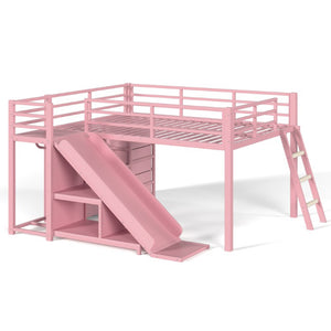 English Elm Full Size Metal Loft Bed with Slide Ladder Storage Drawers and Hanging Zone for Kids W5305S00301