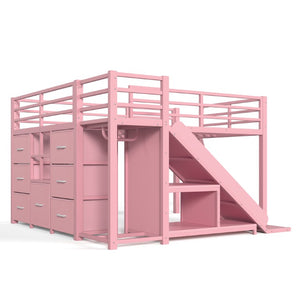 English Elm Full Size Metal Loft Bed with Slide Ladder Storage Drawers and Hanging Zone for Kids W5305S00301
