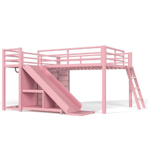 English Elm Full Size Metal Loft Bed with Slide Ladder Storage Drawers and Hanging Zone for Kids W5305S00301