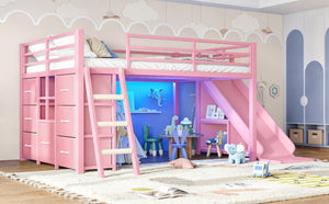 English Elm Full Size Metal Loft Bed with Slide Ladder Storage Drawers and Hanging Zone for Kids W5305S00301