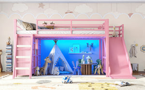 English Elm Full Size Metal Loft Bed with Slide Ladder Storage Drawers and Hanging Zone for Kids W5305S00301