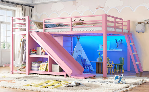 English Elm Full Size Metal Loft Bed with Slide Ladder Storage Drawers and Hanging Zone for Kids W5305S00301