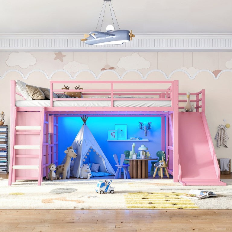 English Elm Full Size Metal Loft Bed with Slide Ladder Storage Drawers and Hanging Zone for Kids W5305S00301