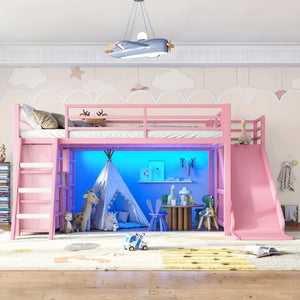 English Elm Full Size Metal Loft Bed with Slide Ladder Storage Drawers and Hanging Zone for Kids W5305S00301