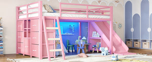 English Elm Full Size Metal Loft Bed with Slide Ladder Storage Drawers and Hanging Zone for Kids W5305S00301