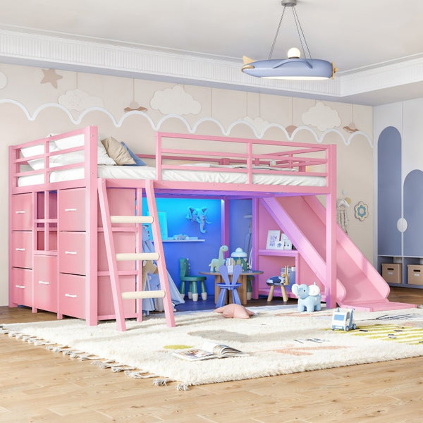 English Elm Full Size Metal Loft Bed with Slide Ladder Storage Drawers and Hanging Zone for Kids W5305S00301
