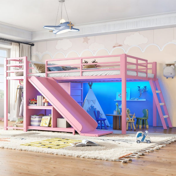 English Elm Full Size Metal Loft Bed with Slide Ladder Storage Drawers and Hanging Zone for Kids W5305S00301