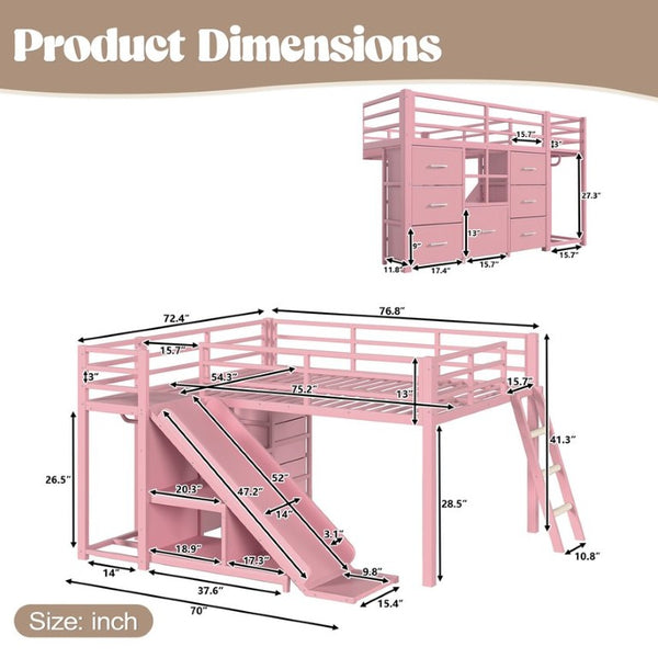 English Elm Full Size Metal Loft Bed with Slide Ladder Storage Drawers and Hanging Zone for Kids W5305S00301