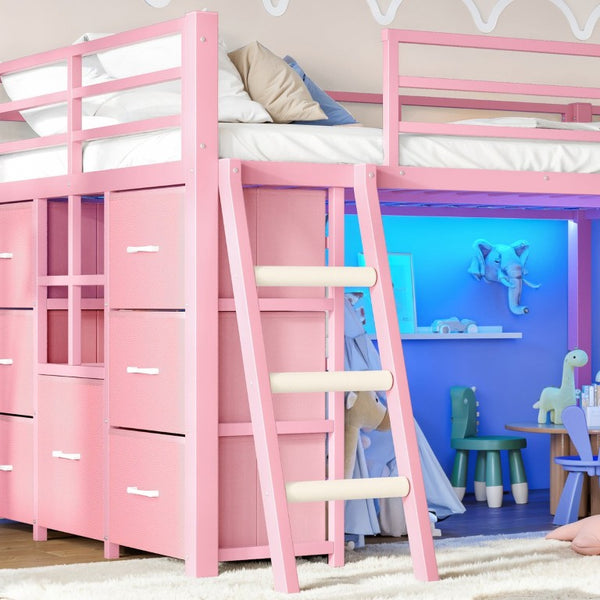 English Elm Full Size Metal Loft Bed with Slide Ladder Storage Drawers and Hanging Zone for Kids W5305S00301