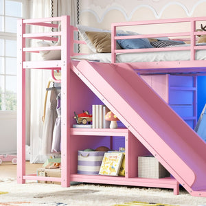 English Elm Full Size Metal Loft Bed with Slide Ladder Storage Drawers and Hanging Zone for Kids W5305S00301