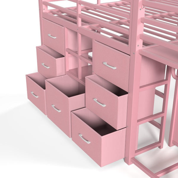 English Elm Full Size Metal Loft Bed with Slide Ladder Storage Drawers and Hanging Zone for Kids W5305S00301