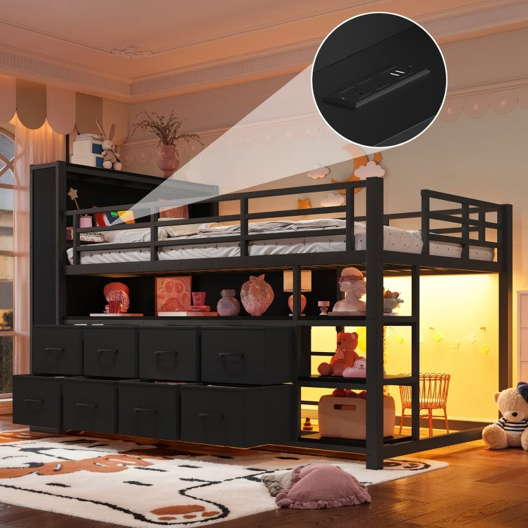 English Elm Twin Low Loft Bed with LED Lighting USB Port Storage Drawers and Clothing Rod Black W5305S00306