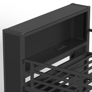 English Elm Twin Low Loft Bed with LED Lighting USB Port Storage Drawers and Clothing Rod Black W5305S00306