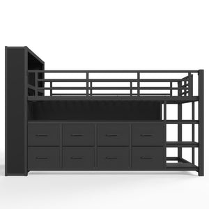 English Elm Twin Low Loft Bed with LED Lighting USB Port Storage Drawers and Clothing Rod Black W5305S00306