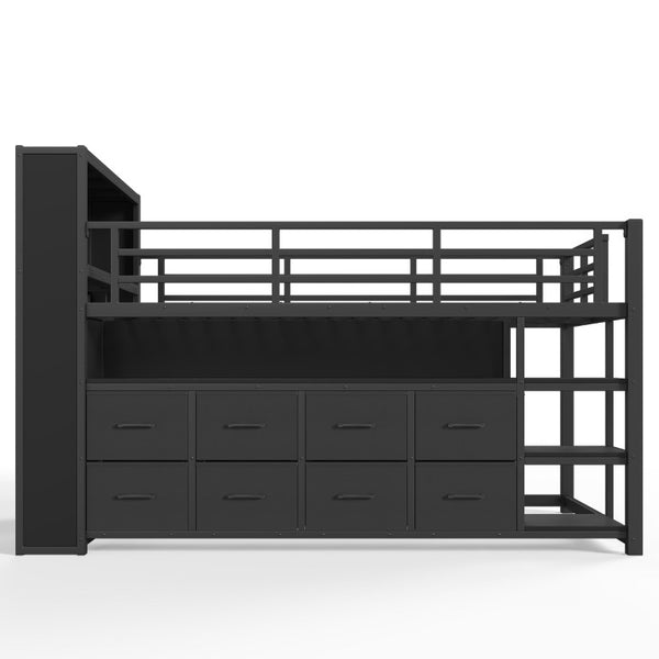 English Elm Twin Low Loft Bed with LED Lighting USB Port Storage Drawers and Clothing Rod Black W5305S00306