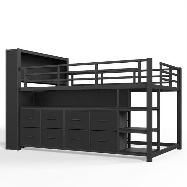 English Elm Twin Low Loft Bed with LED Lighting USB Port Storage Drawers and Clothing Rod Black W5305S00306