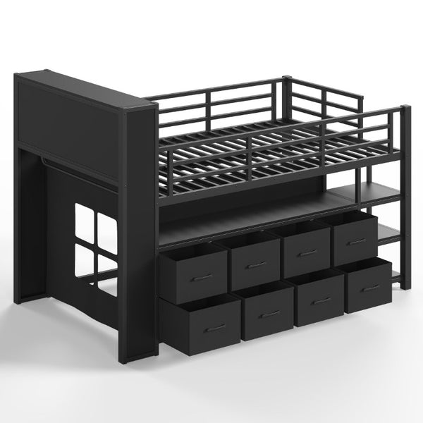 English Elm Twin Low Loft Bed with LED Lighting USB Port Storage Drawers and Clothing Rod Black W5305S00306