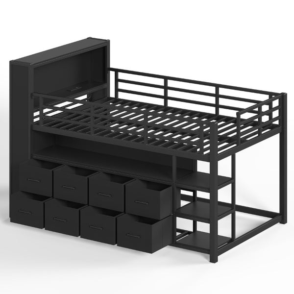 English Elm Twin Low Loft Bed with LED Lighting USB Port Storage Drawers and Clothing Rod Black W5305S00306
