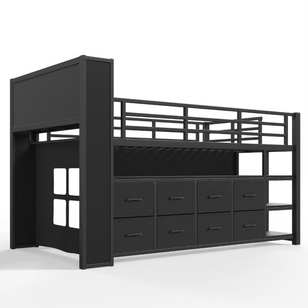 English Elm Twin Low Loft Bed with LED Lighting USB Port Storage Drawers and Clothing Rod Black W5305S00306