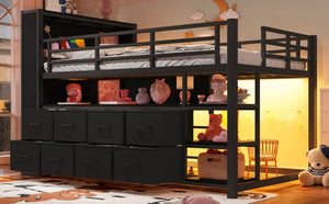 English Elm Twin Low Loft Bed with LED Lighting USB Port Storage Drawers and Clothing Rod Black W5305S00306