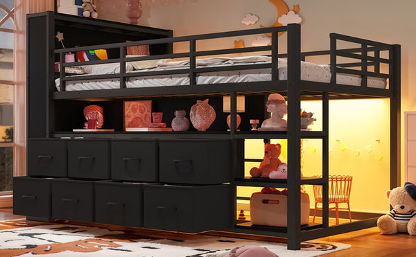 English Elm Twin Low Loft Bed with LED Lighting USB Port Storage Drawers and Clothing Rod Black W5305S00306