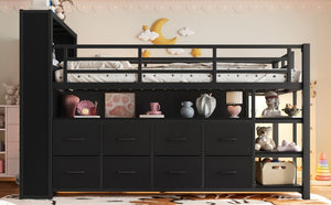English Elm Twin Low Loft Bed with LED Lighting USB Port Storage Drawers and Clothing Rod Black W5305S00306