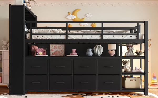 English Elm Twin Low Loft Bed with LED Lighting USB Port Storage Drawers and Clothing Rod Black W5305S00306
