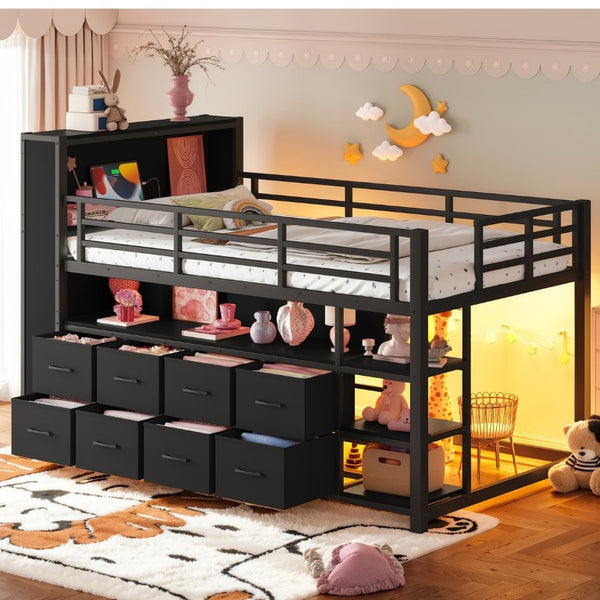 English Elm Twin Low Loft Bed with LED Lighting USB Port Storage Drawers and Clothing Rod Black W5305S00306