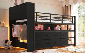English Elm Twin Low Loft Bed with LED Lighting USB Port Storage Drawers and Clothing Rod Black W5305S00306