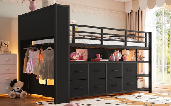 English Elm Twin Low Loft Bed with LED Lighting USB Port Storage Drawers and Clothing Rod Black W5305S00306
