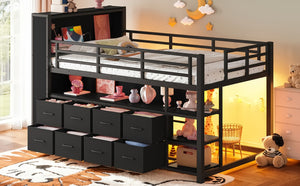 English Elm Twin Low Loft Bed with LED Lighting USB Port Storage Drawers and Clothing Rod Black W5305S00306