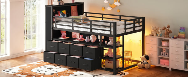 English Elm Twin Low Loft Bed with LED Lighting USB Port Storage Drawers and Clothing Rod Black W5305S00306