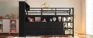 English Elm Twin Low Loft Bed with LED Lighting USB Port Storage Drawers and Clothing Rod Black W5305S00306