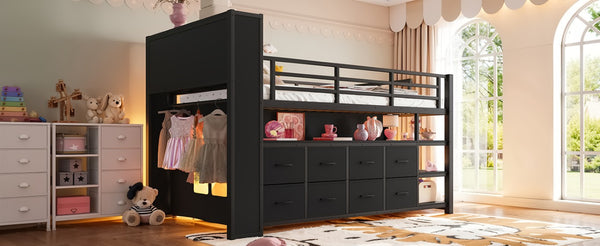 English Elm Twin Low Loft Bed with LED Lighting USB Port Storage Drawers and Clothing Rod Black W5305S00306