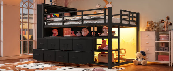 English Elm Twin Low Loft Bed with LED Lighting USB Port Storage Drawers and Clothing Rod Black W5305S00306