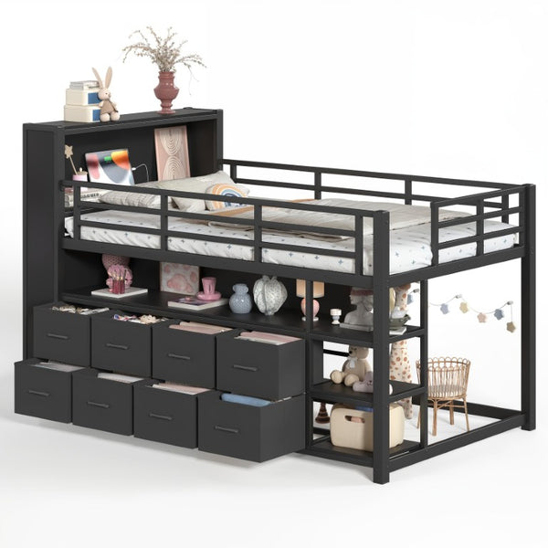 English Elm Twin Low Loft Bed with LED Lighting USB Port Storage Drawers and Clothing Rod Black W5305S00306