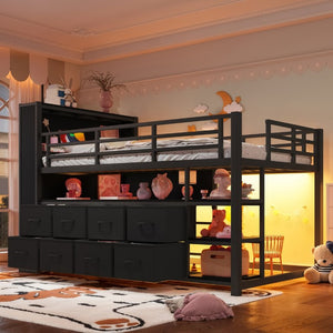 English Elm Twin Low Loft Bed with LED Lighting USB Port Storage Drawers and Clothing Rod Black W5305S00306