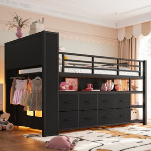 English Elm Twin Low Loft Bed with LED Lighting USB Port Storage Drawers and Clothing Rod Black W5305S00306