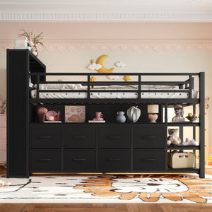 English Elm Twin Low Loft Bed with LED Lighting USB Port Storage Drawers and Clothing Rod Black W5305S00306