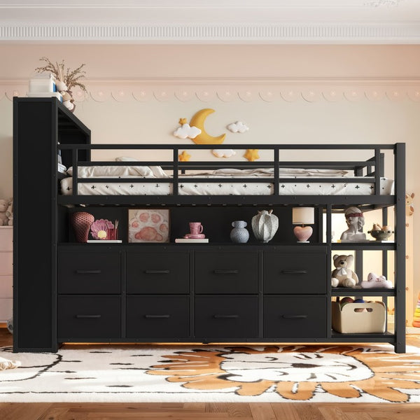 English Elm Twin Low Loft Bed with LED Lighting USB Port Storage Drawers and Clothing Rod Black W5305S00306