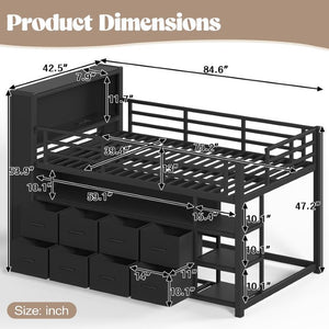 English Elm Twin Low Loft Bed with LED Lighting USB Port Storage Drawers and Clothing Rod Black W5305S00306
