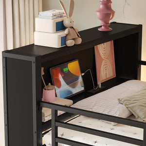 English Elm Twin Low Loft Bed with LED Lighting USB Port Storage Drawers and Clothing Rod Black W5305S00306